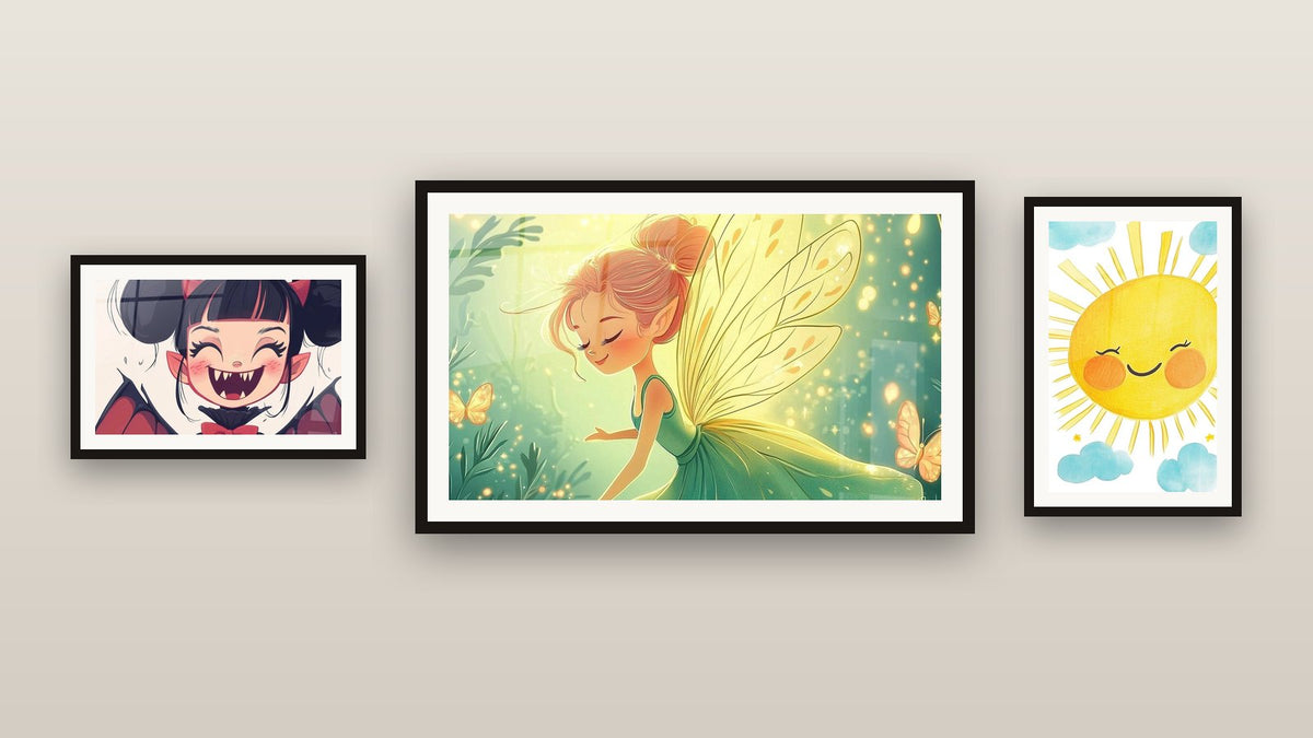 Galeriewand mit drei gerahmten Gemälden: Märchenhaftes Bild Nr. 3, Vampirtafel Nr. 1 und Kindertabelle Nr. 21