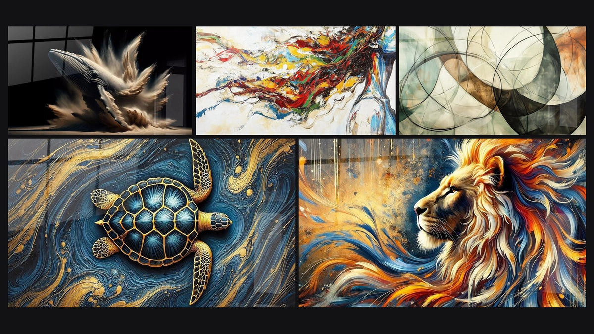 Mosaico di cinque quadri, tra cui La balena di Elise, Muse Moderna e I Legami Invisibili