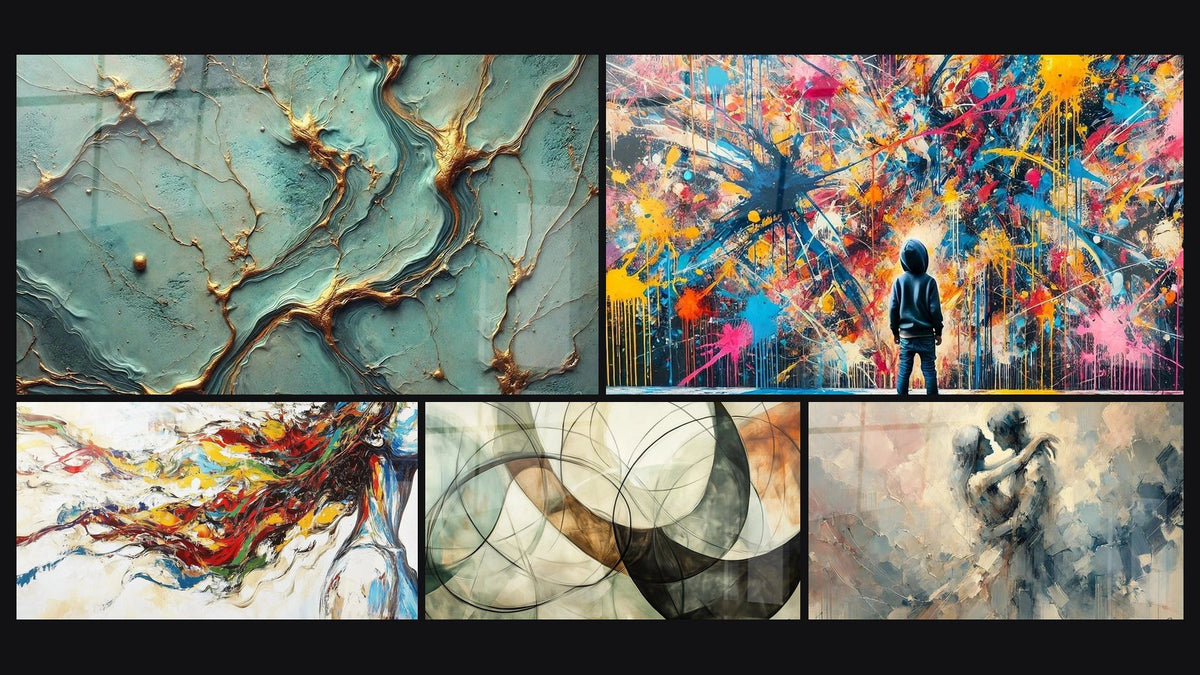 Mosaico di cinque quadri, tra cui Fiumi d'Oro, Muse Moderna e I Legami Invisibili