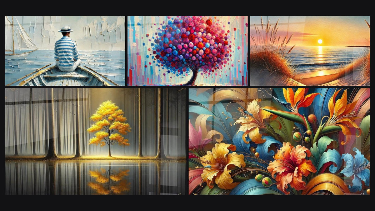 Mosaic of five paintings, including The Art of Water, Eternal Tranquility and Joy Tree