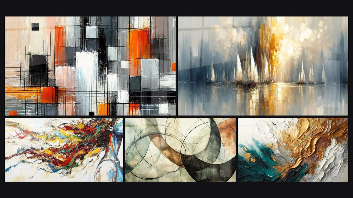 Mosaic of five paintings, including Mechanics of Colors, Dawn Over the Bay and Modern Muse