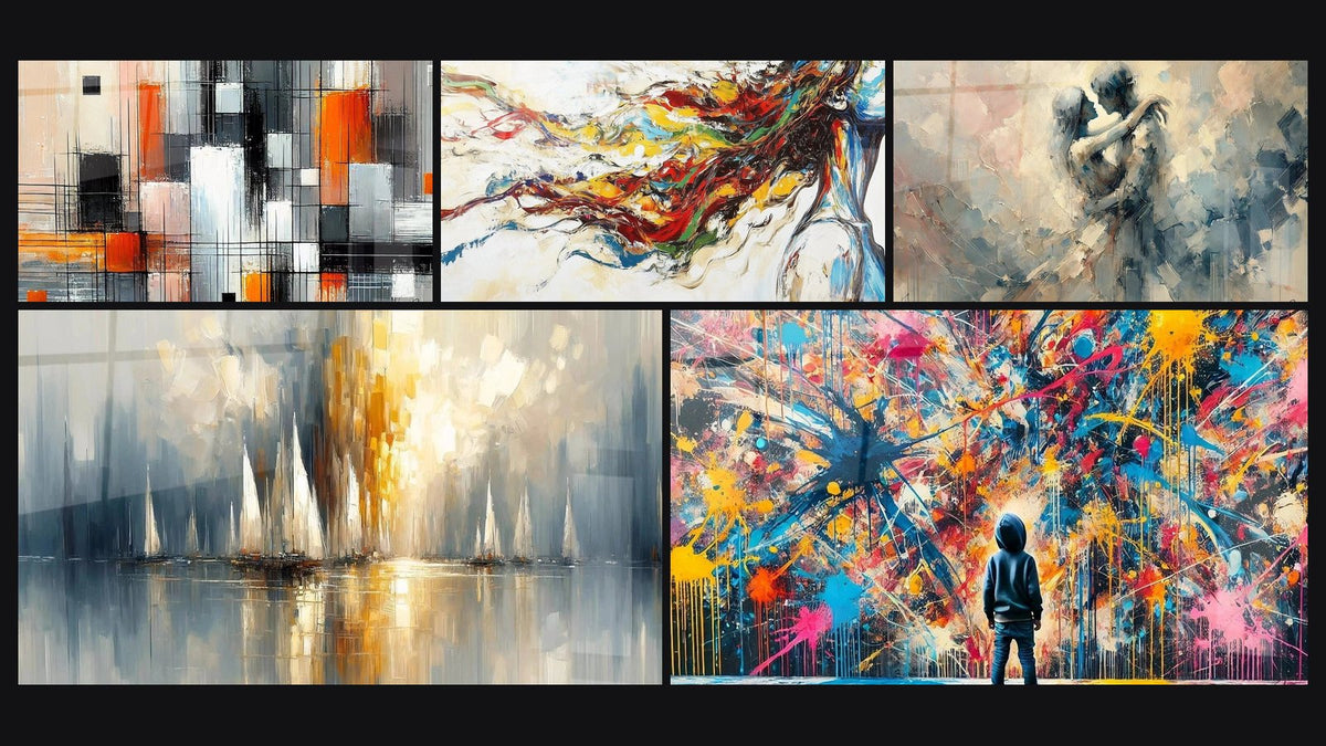 Mosaic of five paintings, including Mechanics of Colors, Dawn Over the Bay and Modern Muse