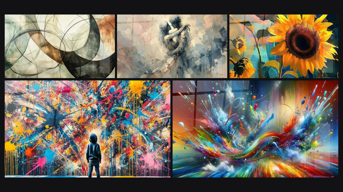 Mosaico di cinque quadri, tra cui I Legami Invisibili, Schizzi di Pittura e Tra Noi