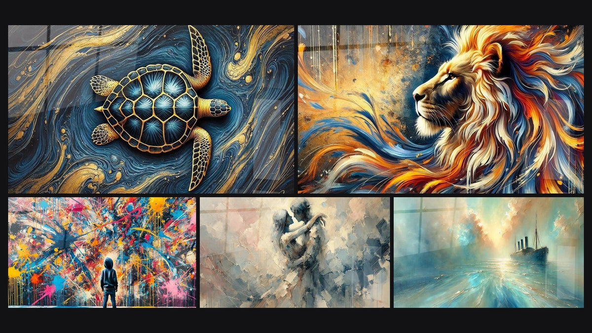 Mosaic of five paintings, including Ocean Guardians, Savage Flame and Paint Bursts