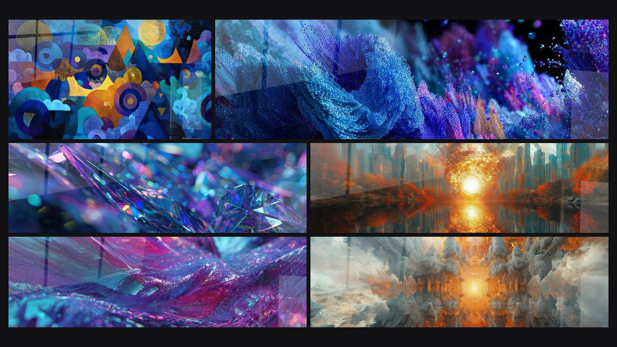 Mosaïque de six tableaux, dont Formes géométriques abstraites, Cristaux iridescents et Vague cosmique