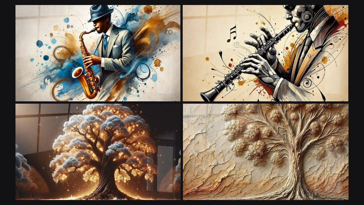 Mosaico de cuatro cuadros, entre ellos Clarinete N°1, Árbol Nocturno y Árbol del Pasado