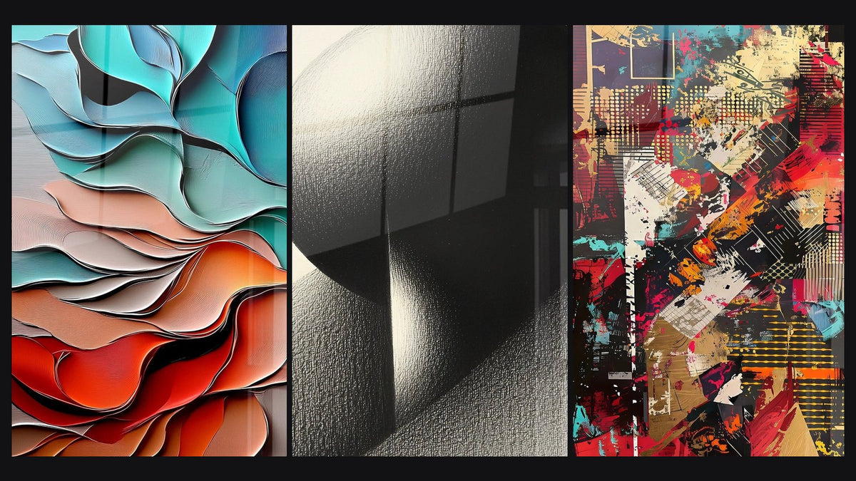 Mosaico de tres cuadros: Formas onduladas fluidas, Esfera geométrica y Collage urbano
