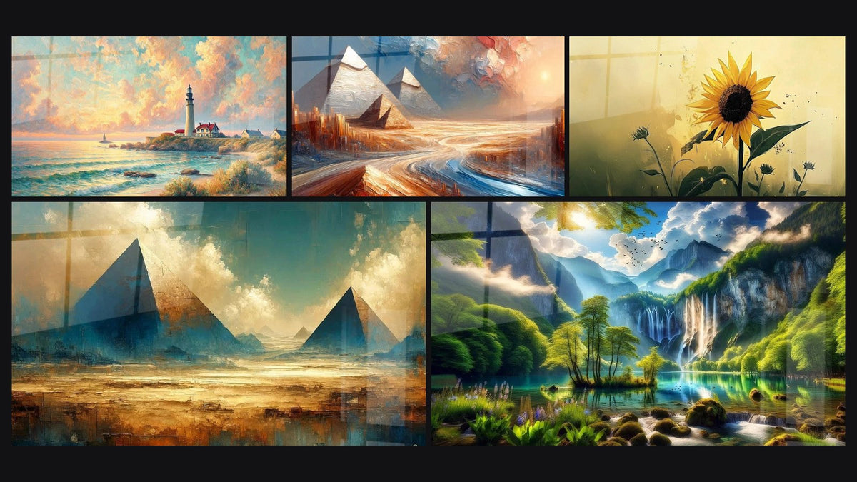 Mosaic of five paintings, including Dawn Over the Lighthouse, The Mysteries of the Sands and Egyptian Mirage