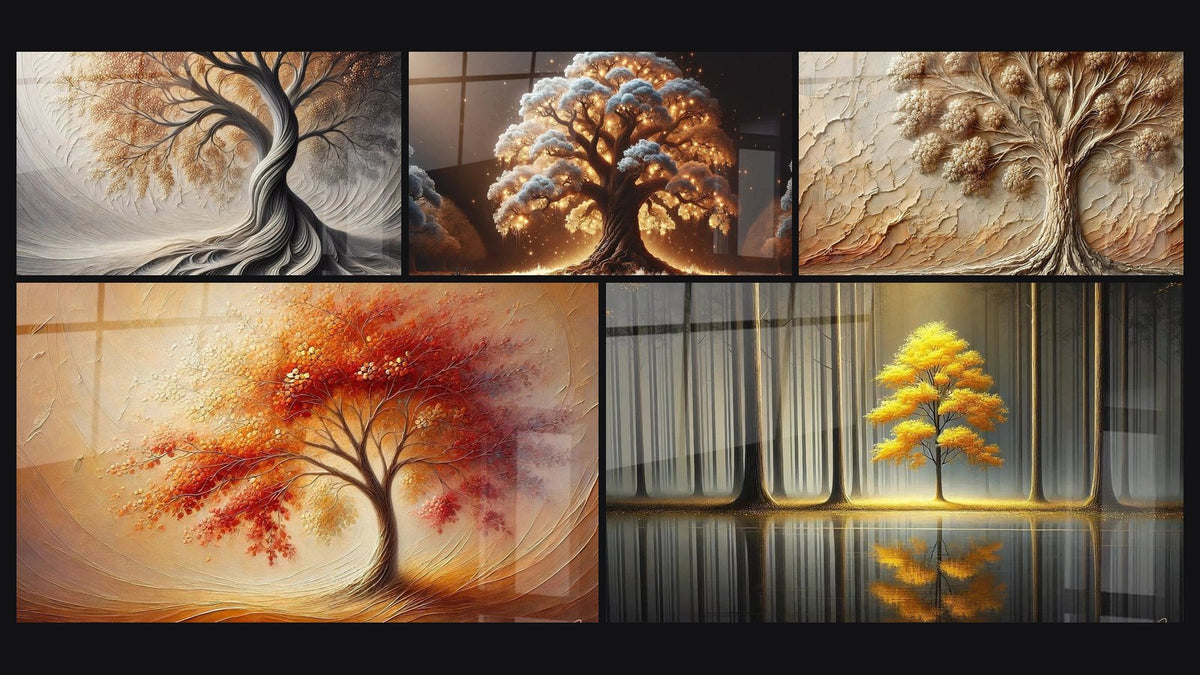 Mosaico di cinque quadri, tra cui Respiro della Terra, Danza delle Stagioni e Albero della Notte