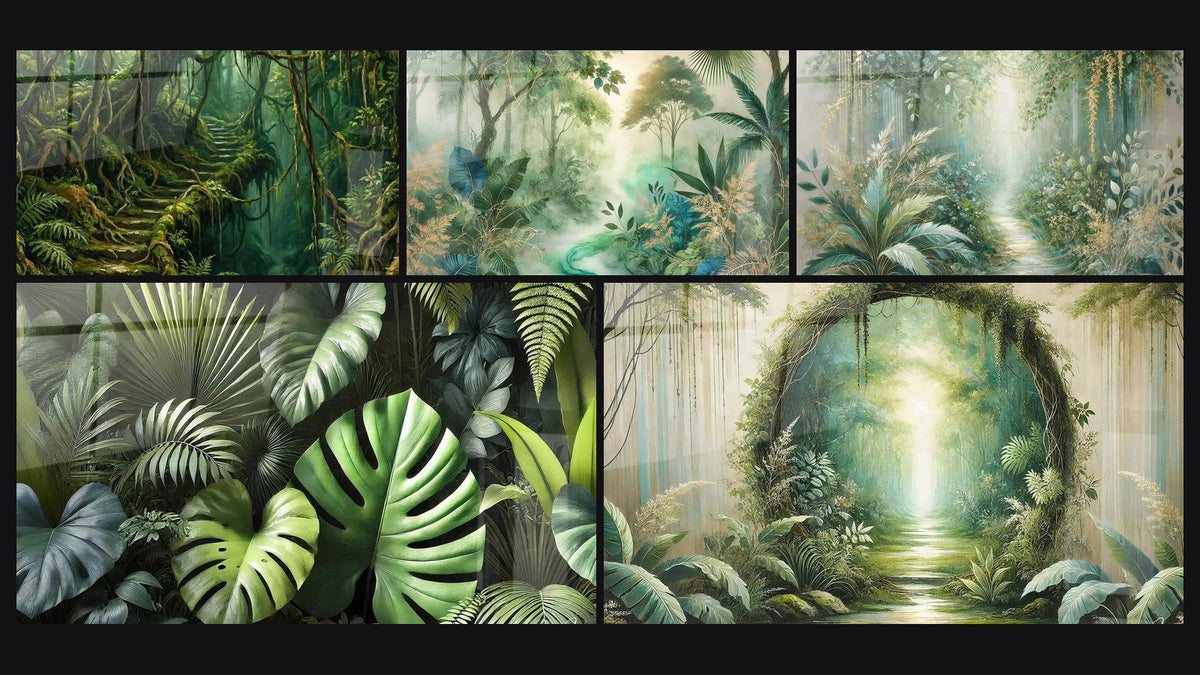 Mosaïque de cinq tableaux, dont Mystère de la Jungle, Forêt de Feuilles et Éden de Verdure