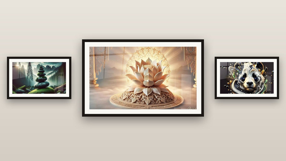 Gallery wall with three framed paintings: Forest Balance, Sacred Lotus and Fluid Zen