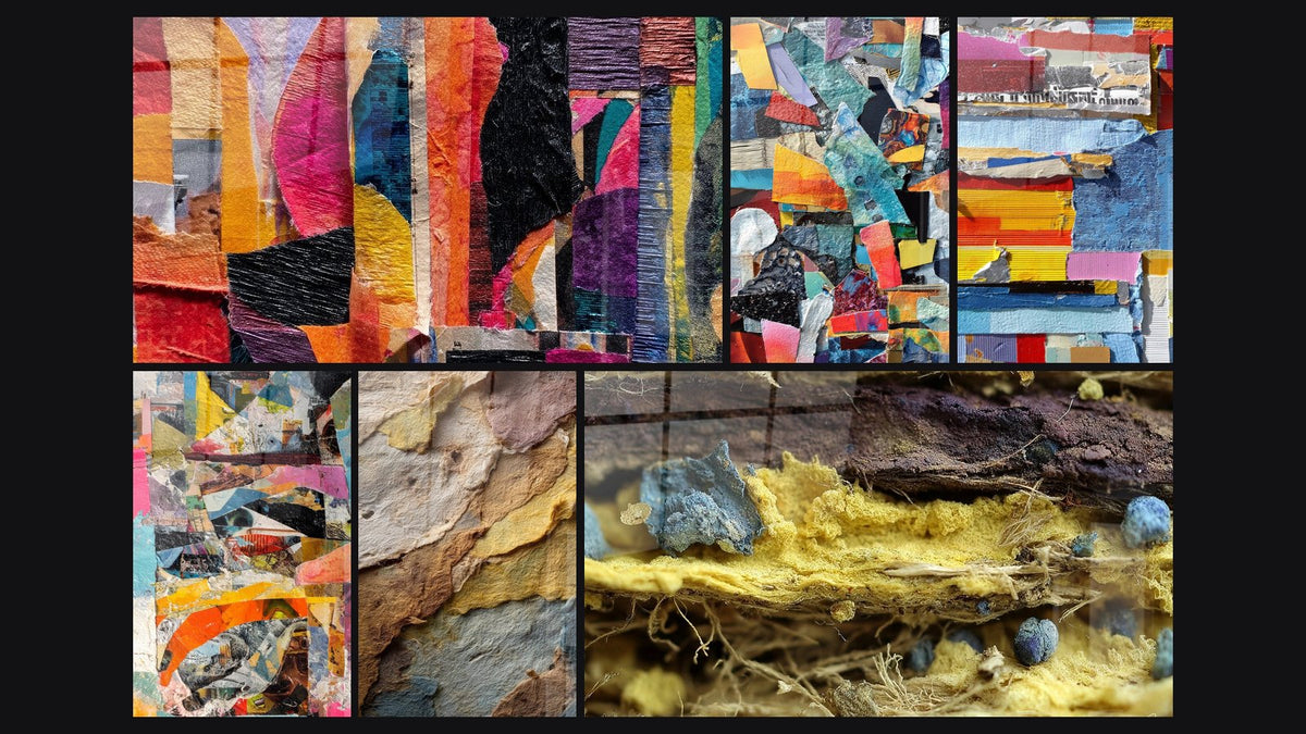 Mosaïque de six tableaux, dont Abstrait multicolore, Abstrait coloré et Fragments colorés