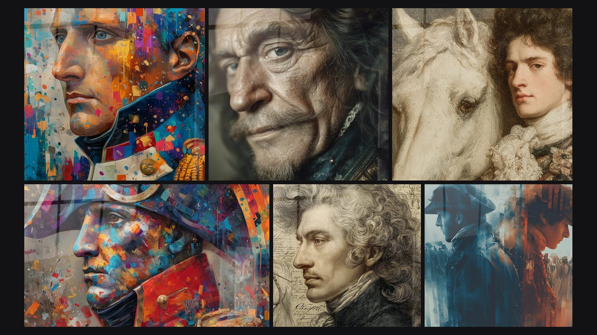 Mosaic of six paintings, including Napoleon Pixel Storm, Richelieu Eternal Gaze and Nobleman on White Horse Majesty