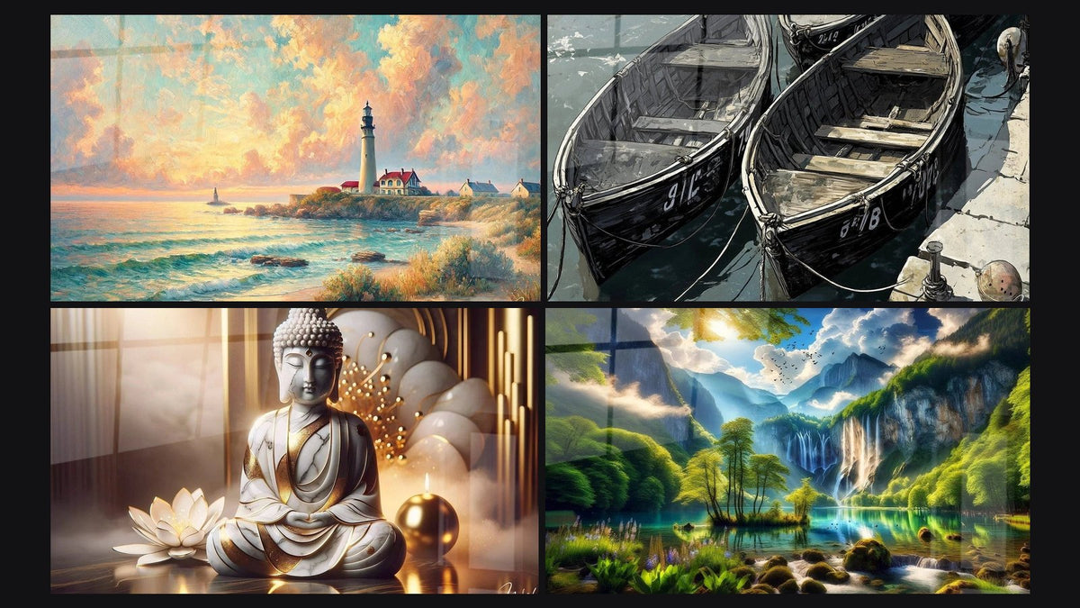 Mosaic of four paintings, including Dawn Over the Lighthouse, Marbled Peace and Green Eden Waterfall