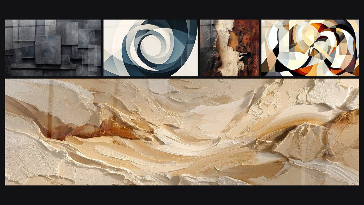 Mosaic of five paintings, including Vortex Azure and Interlocking circular shapes