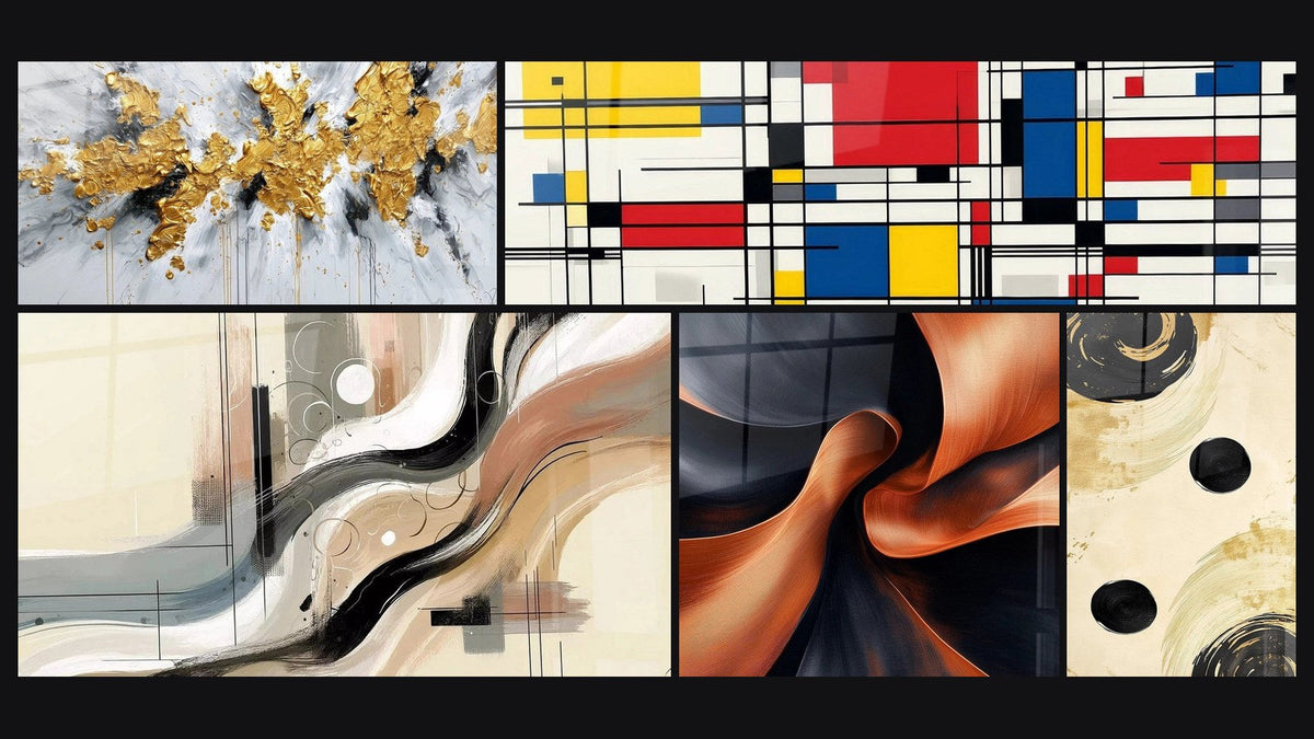 Mosaico di cinque quadri, tra cui Esplosione dorata su fondo bianco e grigio, Composizione geometrica di e Scia Astratto