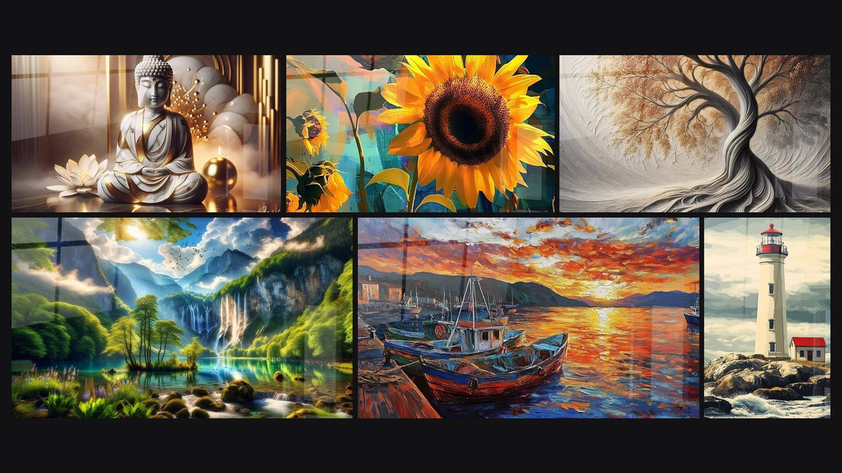 Mosaic of six paintings, including Marbled Peace, Green Eden Waterfall and Harbor Wall Art No. 3
