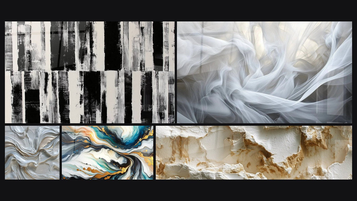 Mosaic of five paintings, including Abstract swirls white pearlescent and gold, Colorful Currents and Veils of Light