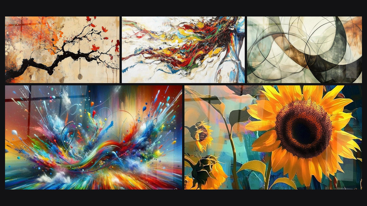 Mosaico di cinque quadri, tra cui Muse Moderna, I Legami Invisibili e Big Bang Artistico Brillante
