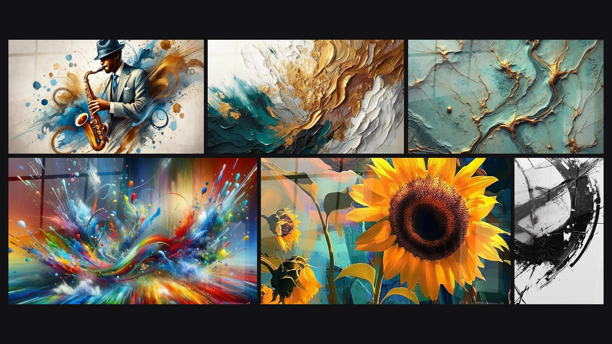 Mosaico di sei quadri, tra cui Traccia in Oro e Giada, Big Bang Artistico Brillante e Girasole N°1