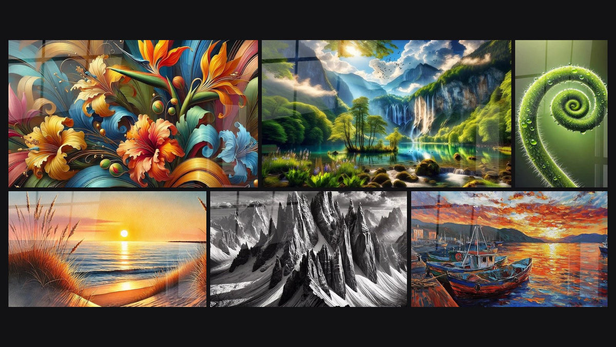 Mosaic of six paintings, including Botanical Rhapsody, When the Day Falls Asleep and In the Shadow of Giants