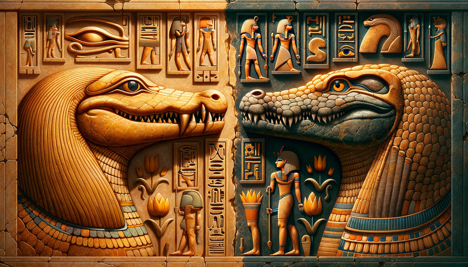 Relief égyptien antique comparant deux styles régionaux de représentation du crocodile sacré Sobek, Fayoum et Kom Ombo