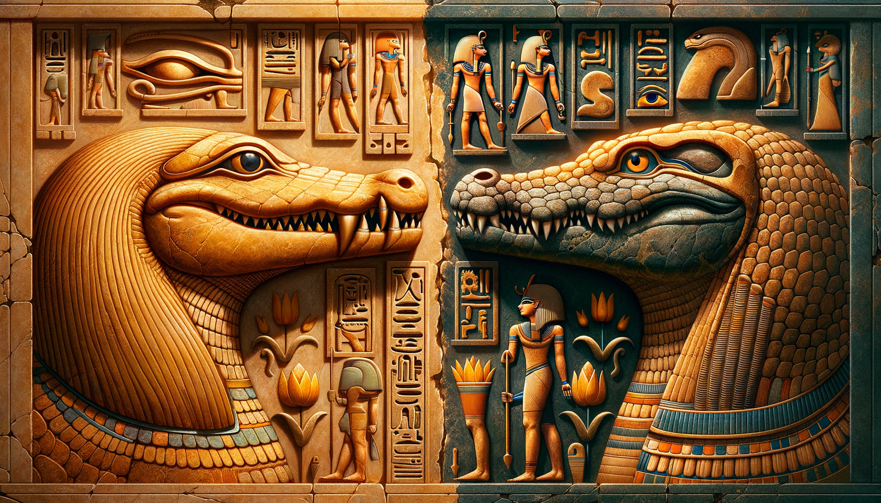 Relief égyptien antique comparant deux styles régionaux de représentation du crocodile sacré Sobek, Fayoum et Kom Ombo