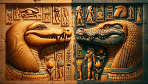 Relief égyptien antique comparant deux styles régionaux de représentation du crocodile sacré Sobek, Fayoum et Kom Ombo