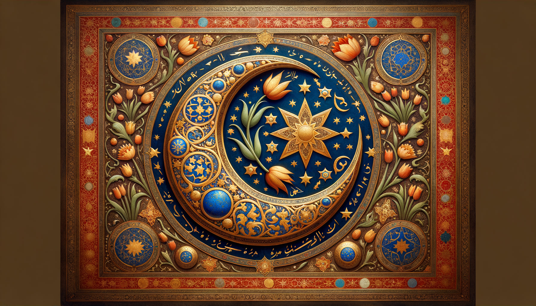 Enluminure ottomane du XVIe siècle avec croissant de lune doré, motifs floraux et arabesques, symbolisme impérial