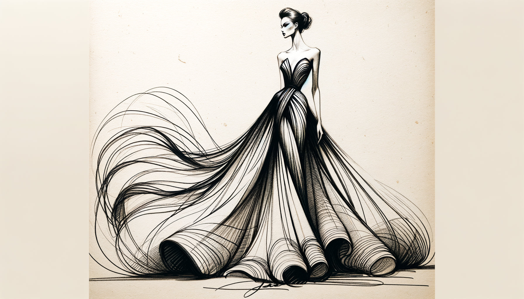 Croquis de mode original de Karl Lagerfeld, silhouette élégante au trait noir caractéristique, esquisse authentique sur papier