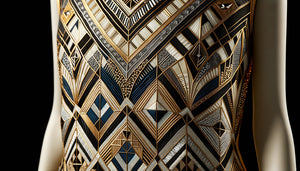 Tissu de robe Charleston années 1920 avec motifs géométriques cubistes, triangles et zigzags dorés et noirs