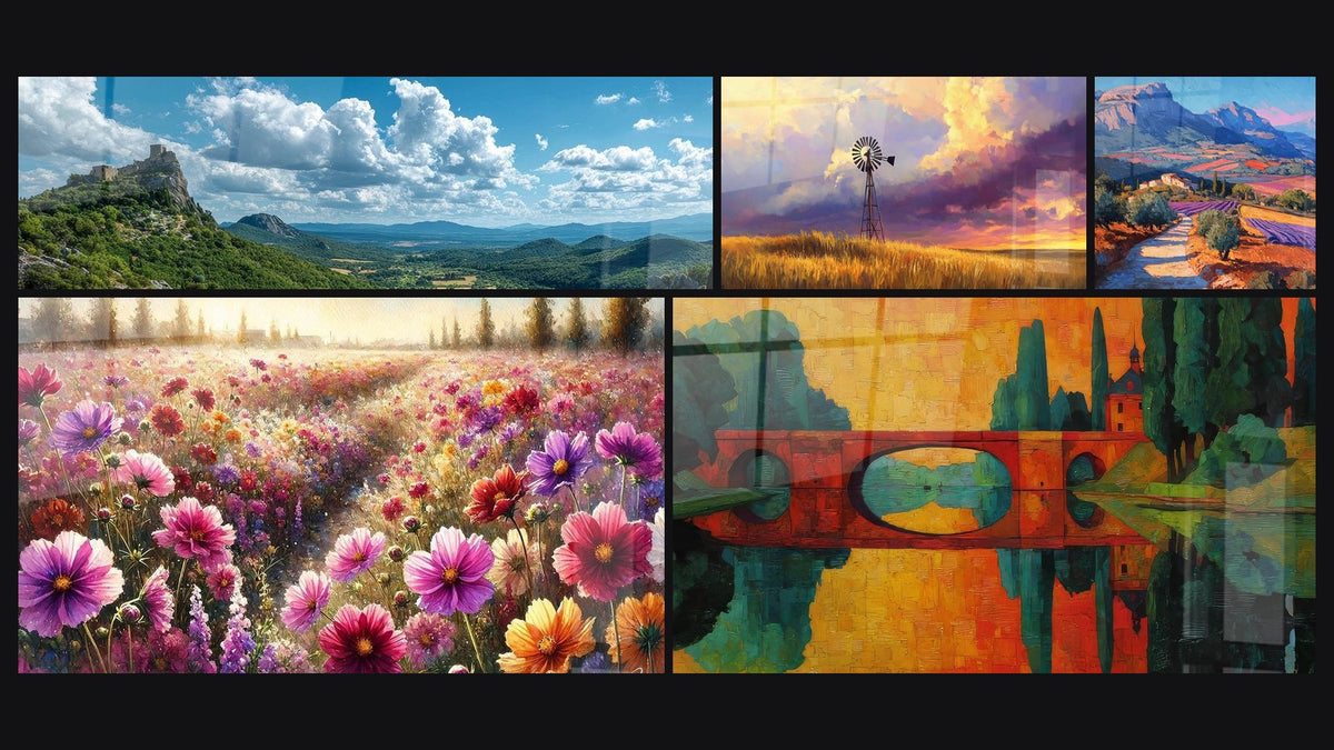 Mosaïque de cinq tableaux, dont Château perché vallée, Été en Fleur et Moisson céleste