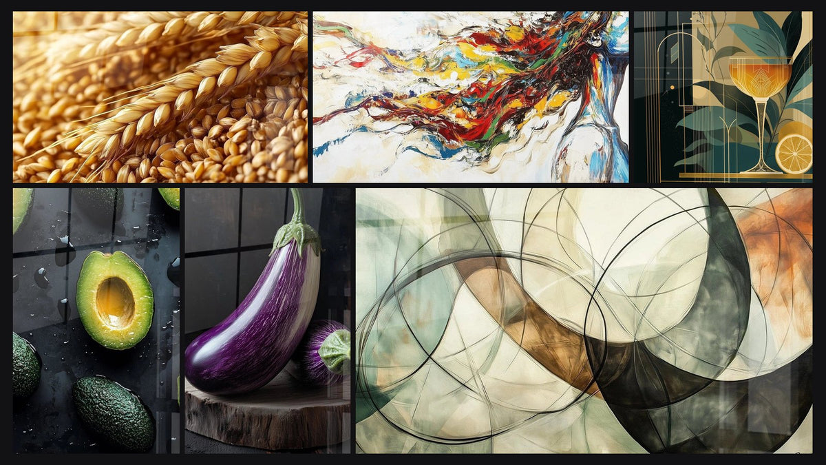 Mosaïque de six tableaux, dont Blé N°1, Avocat N°1 et Aubergine N°1