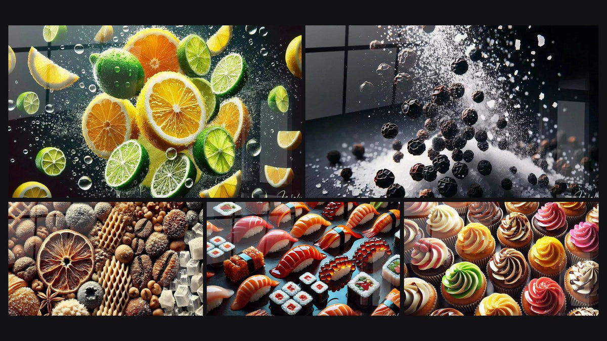 Mosaico de cinco cuadros, entre ellos Zest y Frescura, Pimienta y Sal y Mosaico de Aromas