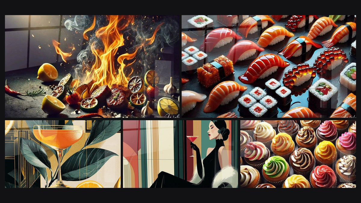 Mosaïque de cinq tableaux, dont Arômes Enflammés, Cocktail Tropical et Femme Art Déco Cocktail