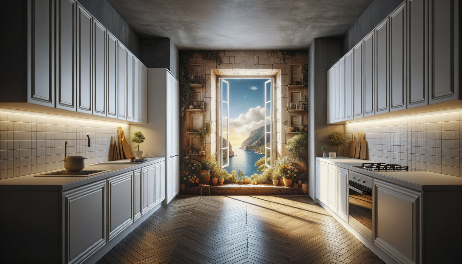 Cuisine sans fenêtre moderne avec grand tableau trompe-l'œil créant l'illusion d'ouverture lumineuse sur paysage méditerranéen