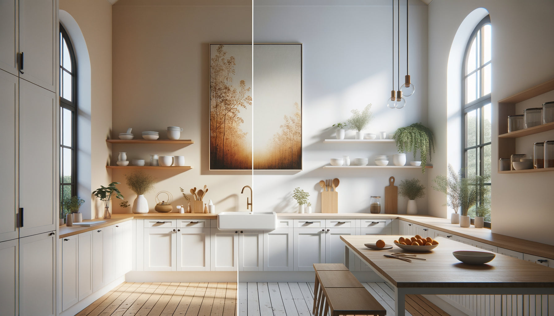 Cuisine moderne épurée transformée par une œuvre simple sur le mur créant une ambiance chaleureuse