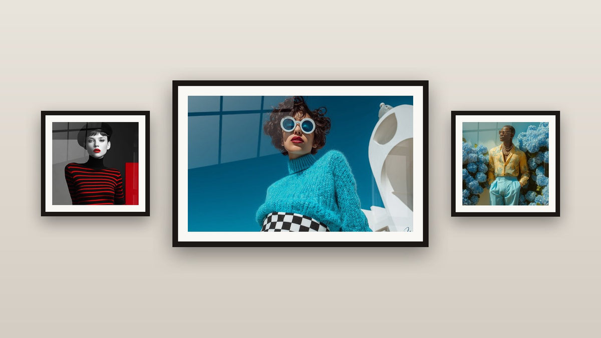 Pared de galería con tres cuadros enmarcados, entre ellos Mujer jersey turquesa gafas redondas