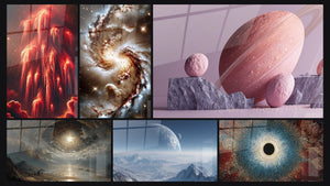 Mosaïque de six tableaux, dont Cascade de Plasma, Tourbillon de Lumière et Galaxie spirale cosmique