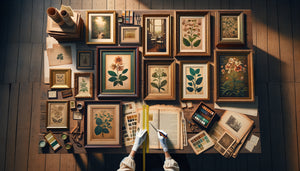 Vue d'ensemble d'un processus de curation de tableaux vintage thématiques sur table de travail de collectionneur