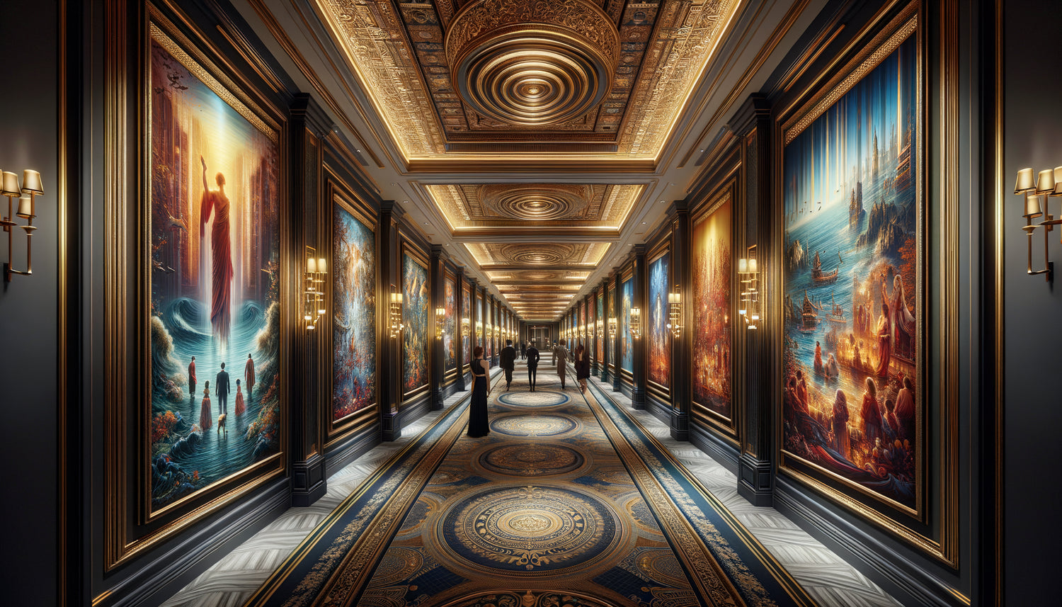 Corridor d'hôtel de luxe avec cycle narratif mural en plusieurs tableaux créant une expérience immersive