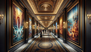 Corridor d'hôtel de luxe avec cycle narratif mural en plusieurs tableaux créant une expérience immersive