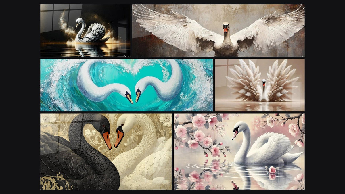 Mosaïque de six tableaux, dont Cygne et Poussière d'Étoiles, Cygne Gardien des eaux et Cygne Grâce infinie