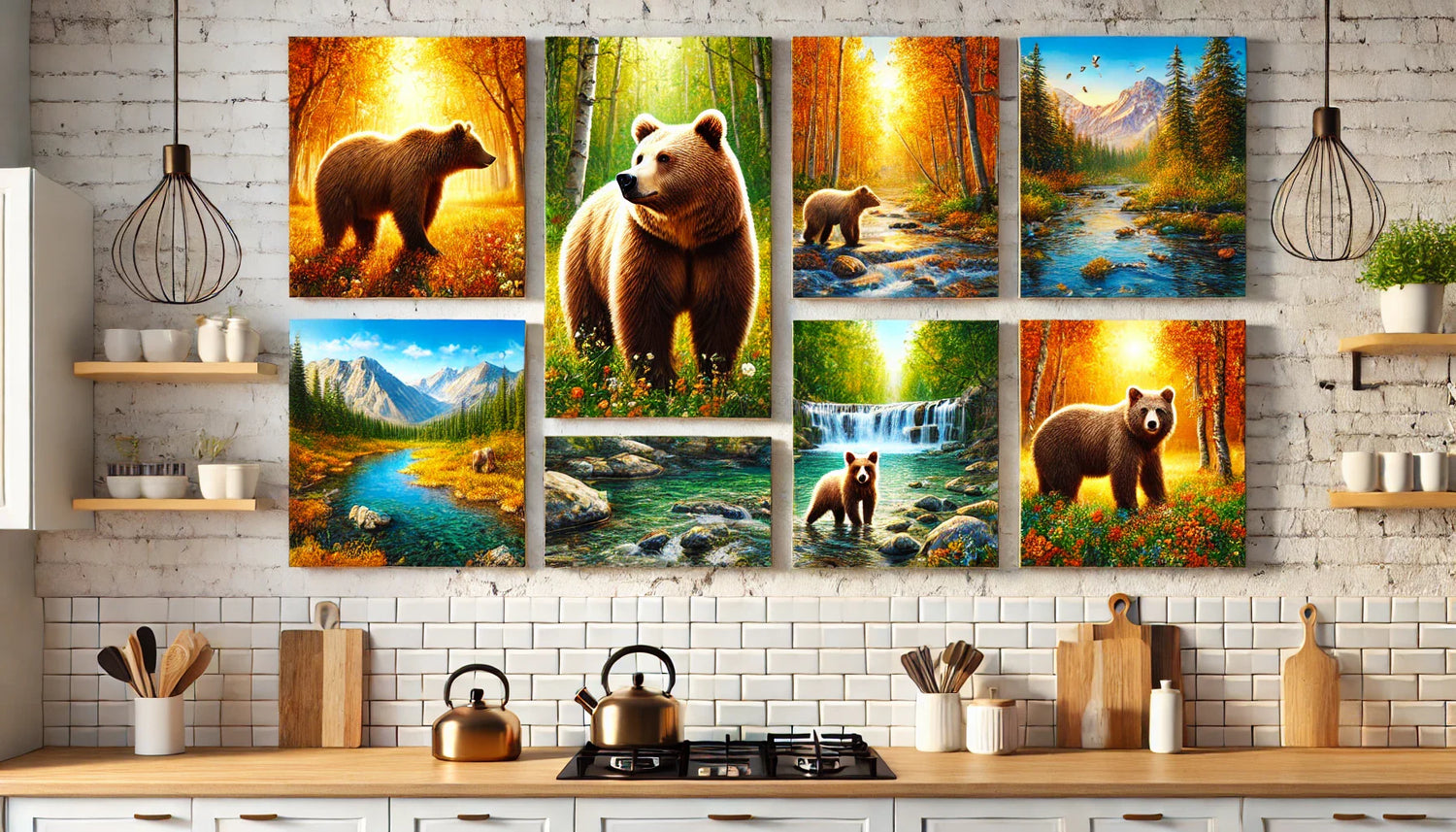 Composition horizontale présentant cinq tableaux d’ours brun dans des décors naturels : forêt automnale dorée, rivière sauvage, clairière lumineuse et nature vibrante. Parfaits pour apporter une touche chaleureuse et naturelle à une cuisine.