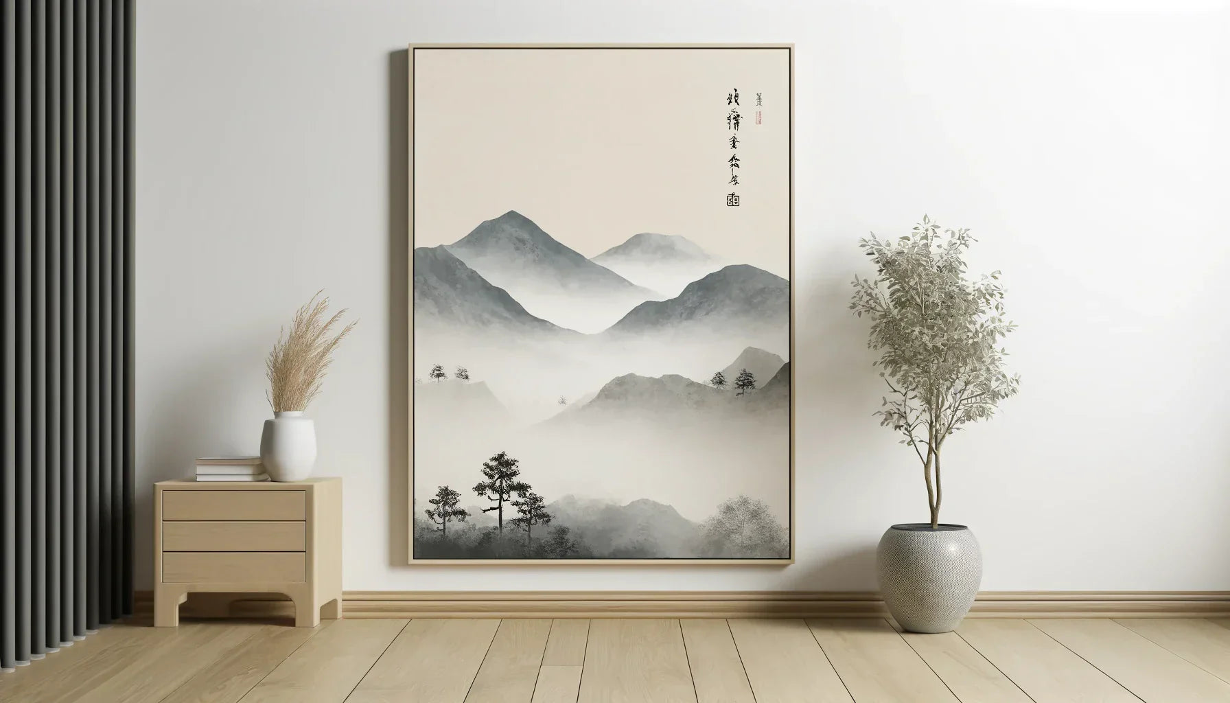 Tableau déco zen minimaliste représentant un paysage brumeux avec des couleurs apaisantes, parfait pour créer une harmonie visuelle et une énergie positive dans votre intérieur.