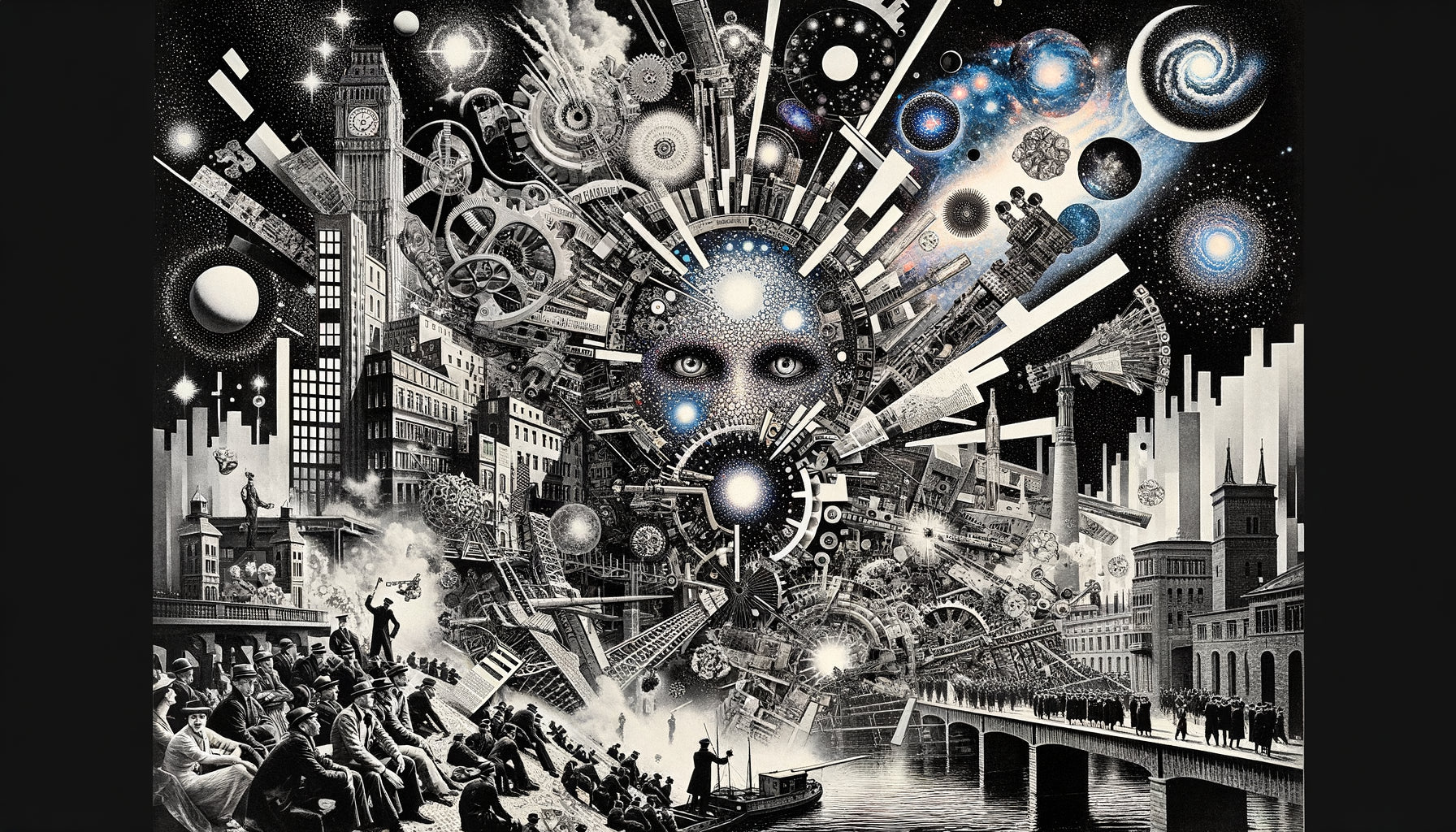 Photomontage dadaïste berlinois années 1920 mêlant imagerie astronomique et éléments politiques dans le style de Hannah Höch