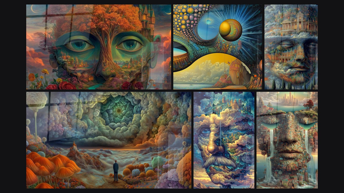 Mosaik aus sechs Gemälden, darunter Bewusstes Baum-Gesicht, Mystisches Kosmos-Bild und Gesicht Bewohnte Galaxie