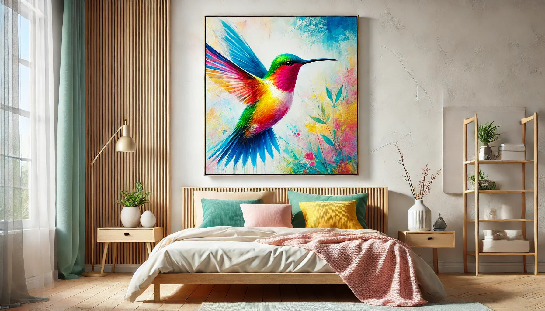 un tableau colibri dans une chambre 