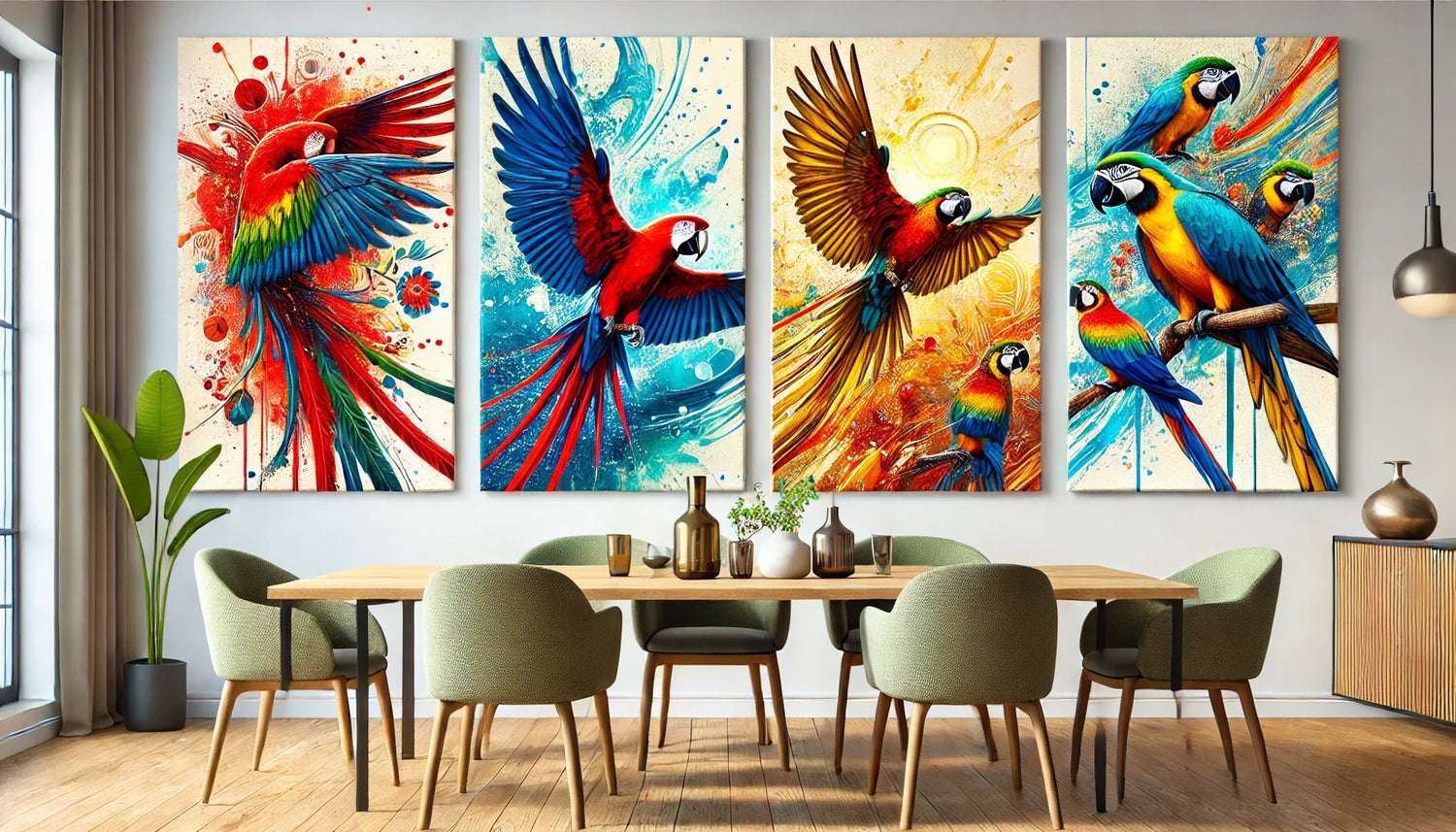 Composition horizontale présentant quatre tableaux perroquet artistiques et vibrants. Chaque tableau met en avant un style unique : perroquet en vol rouge et vert, perroquet dynamique bleu et jaune, portrait tropical avec perroquet bleu et or, et deux per