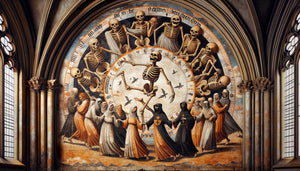 Fresque médiévale de danse macabre montrant squelettes grimaçants entraînant vivants dans ronde funèbre, style gothique XVe siècle